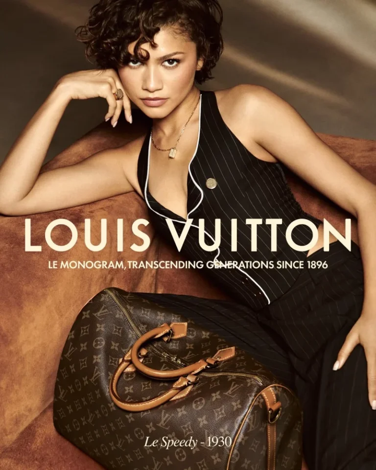 Zendaya wearing a black pinstriped halter vest in Louis Vuitton Monogram campaign