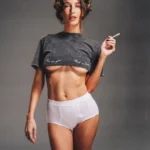 Amanda Batula Edie Parker campaign cropped graphic tee photoshoot