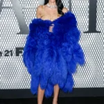 Amelia Gray wearing an electric-blue fur coat at The Beauty premiere in New York City