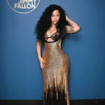 Cardi B gold Valdrin Sahiti dress Tonight Show appearance
