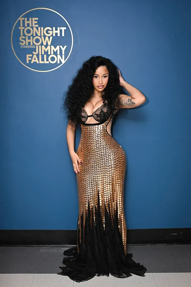Cardi B gold Valdrin Sahiti dress Tonight Show appearance