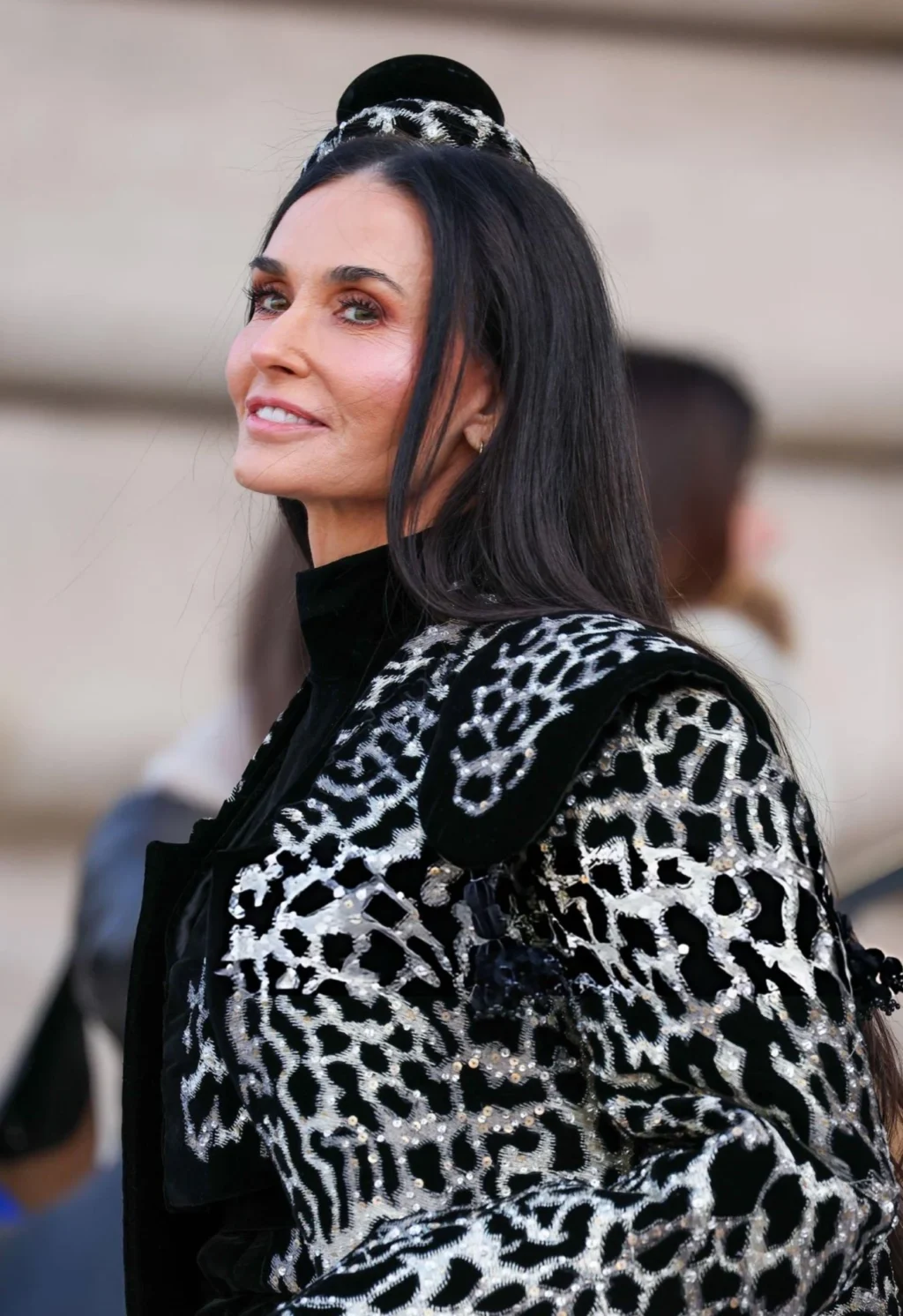 Demi Moore Wears a Bold Animal-Print Catsuit to Schiaparelli in Paris