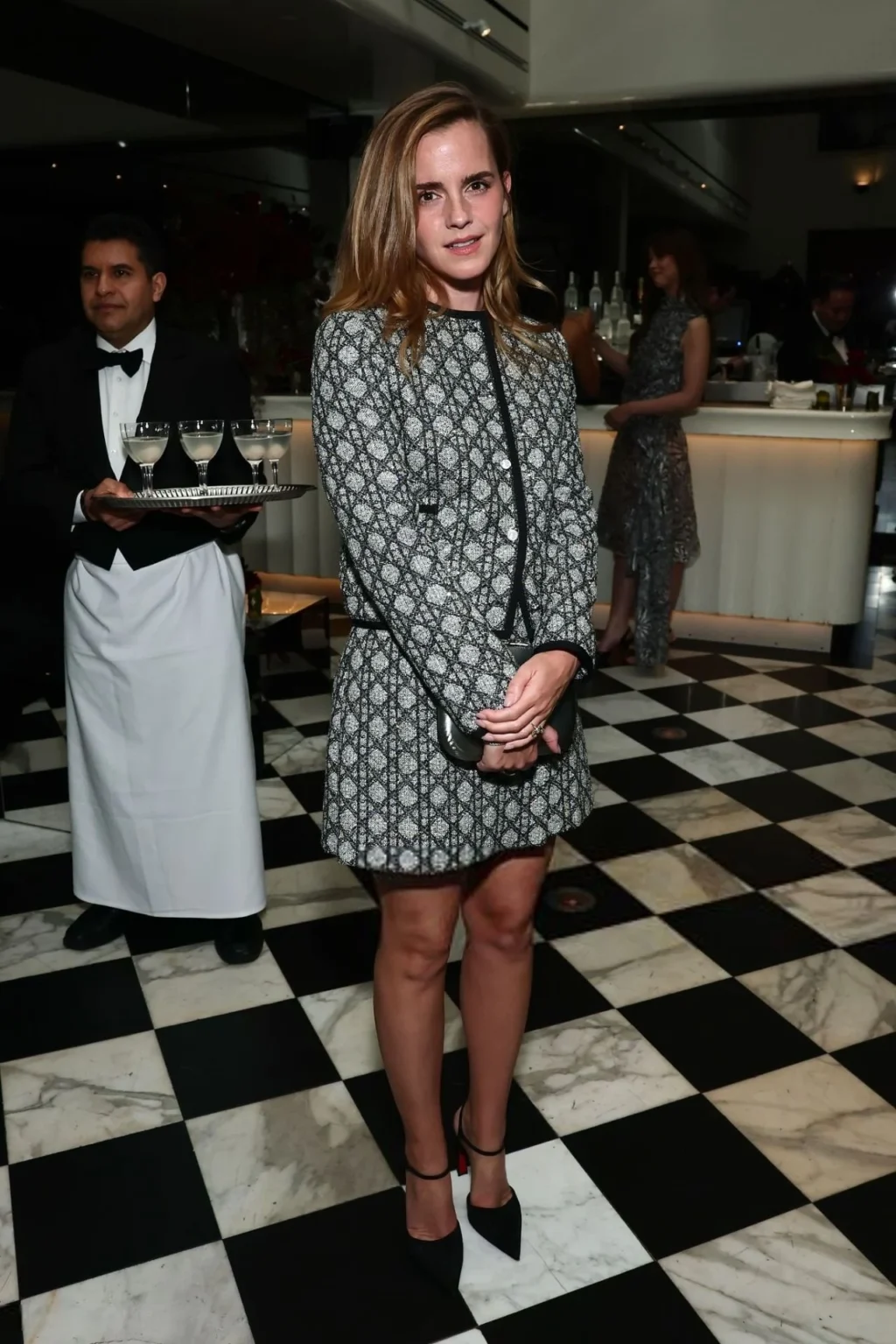 Emma Watson Dior Macrocannage jacket mini skirt Oscars pre party 2026