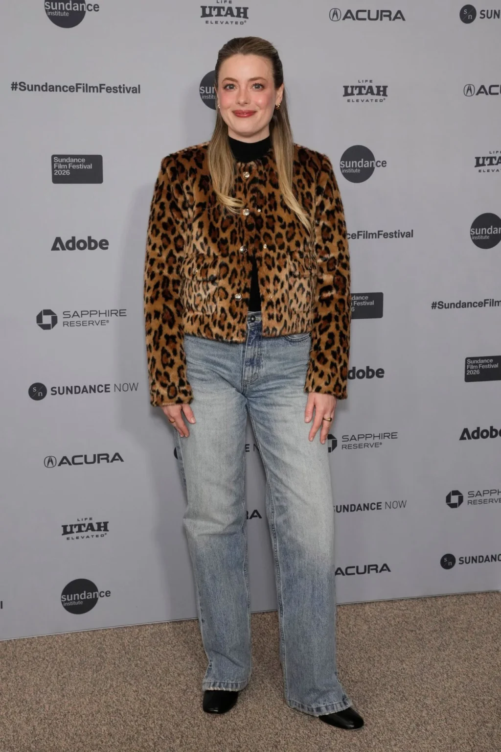 Gillian Jacobs wearing leopard-print jacket at Sundance 2026