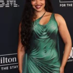 Jade Thirlwall red carpet style in fluid green dress