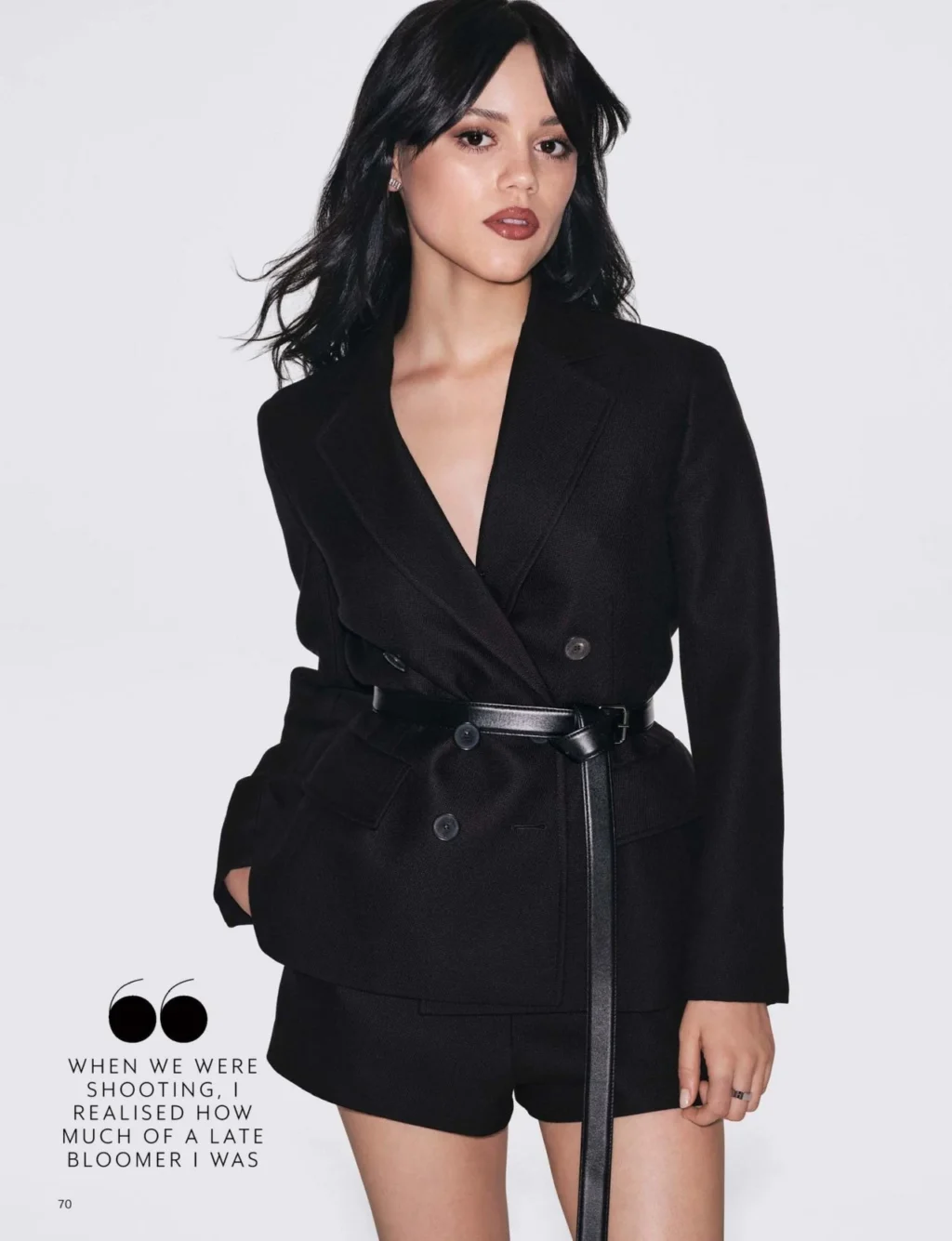 Jenna Ortega in black belted blazer and shorts for Grazia UK January 2026