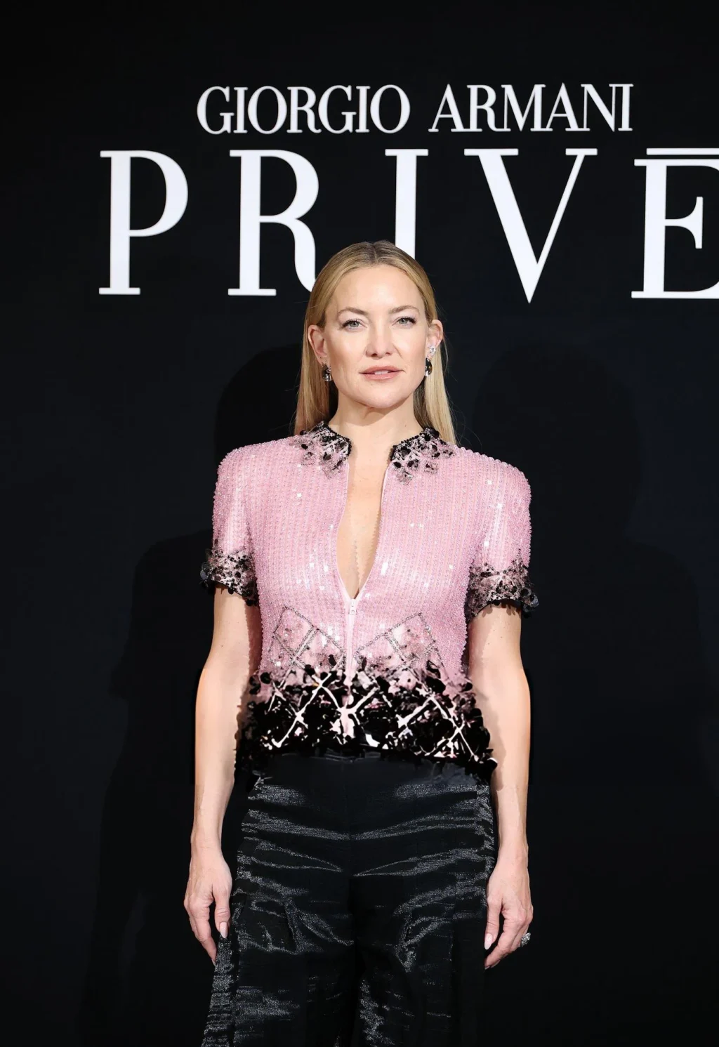 Kate Hudson in lavender sequin plunging top at Giorgio Armani Privé Paris show