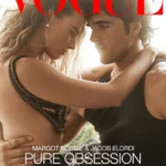 Margot Robbie wears a Versace bralette and shorts; Paspaley earrings. Jacob Elordi wears a Supreme x Hanes tank top; Versace jeans; Cartier earrings, necklace and ring.