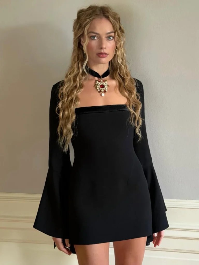 Margot Robbie wearing black Roberto Cavalli dress January 2026