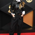 Miley Cyrus wearing a custom black Celine leather moto outfit at the 2026 Grammy Awards in Los Angeles