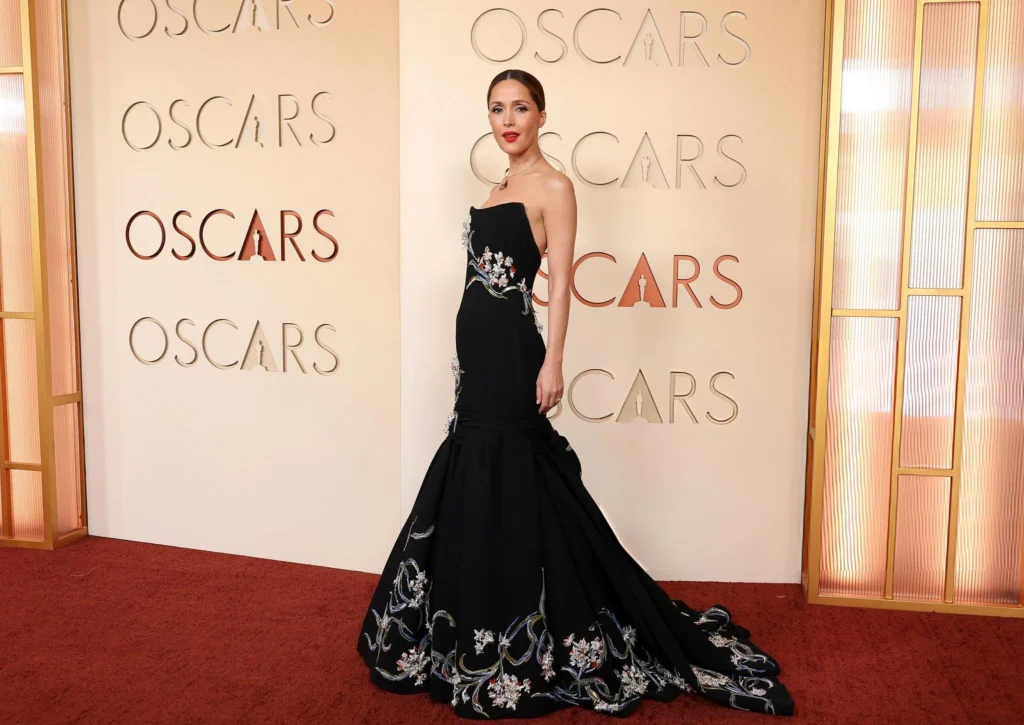 Rose Byrne black embroidered gown 2026 Oscars red carpet