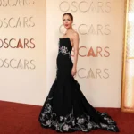 Rose Byrne black embroidered gown 2026 Oscars red carpet