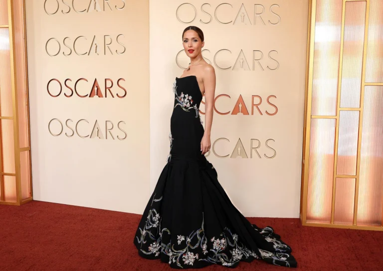 Rose Byrne black embroidered gown 2026 Oscars red carpet