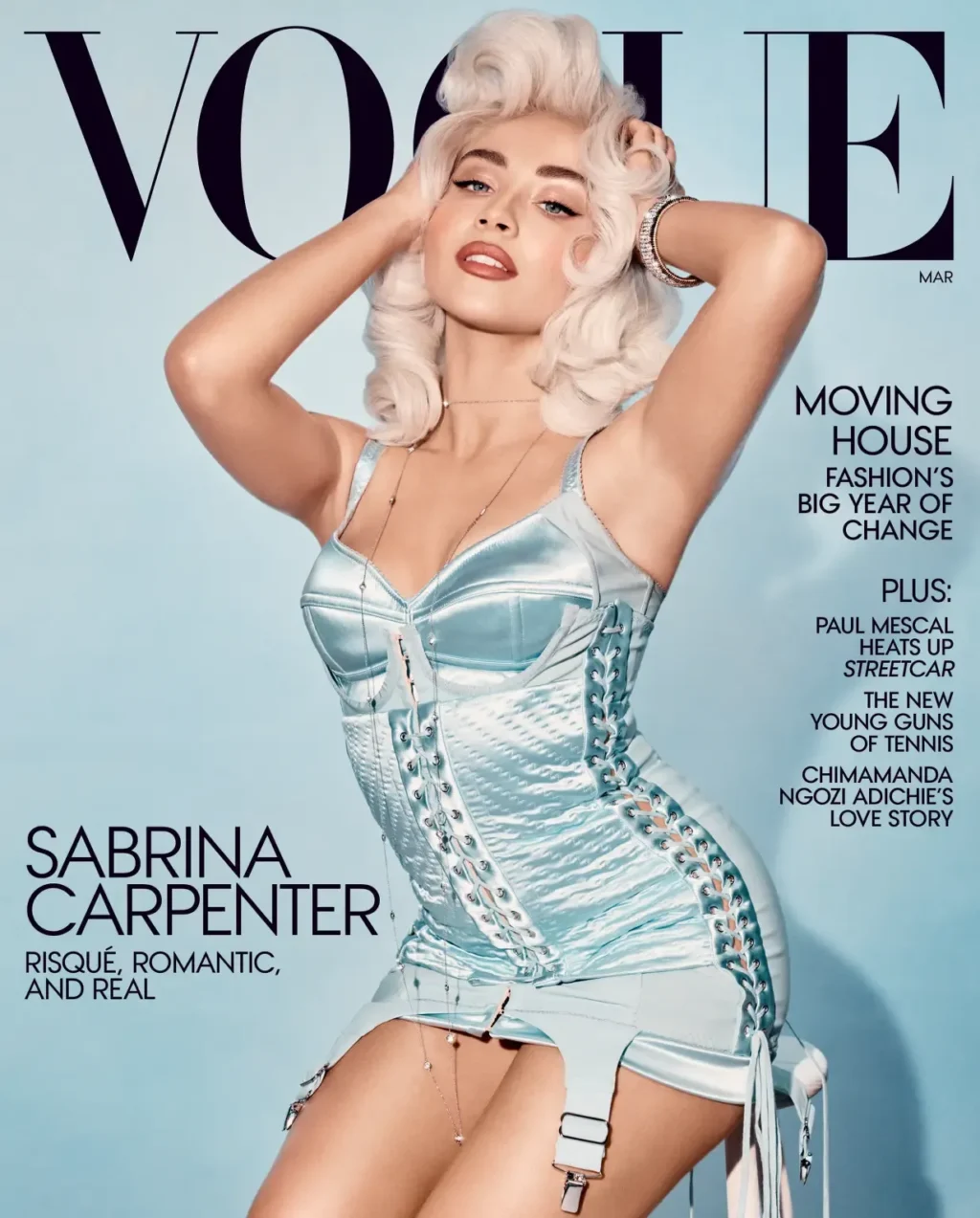 For her Vogue cover, Sabrina Carpenter channeled Madonna in a cone bra minidress and platinum blond curls.